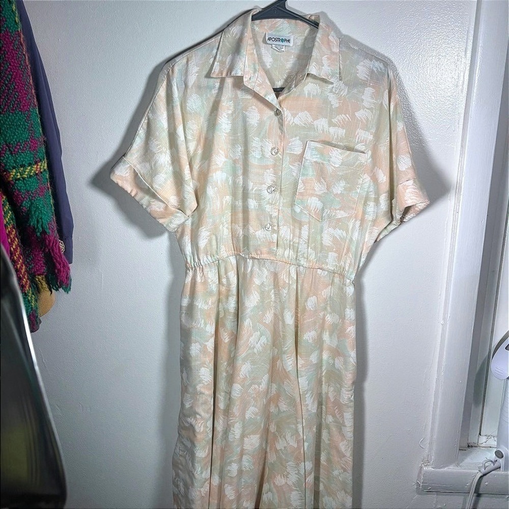 Vtg 80s Beachy Shirt Dress Sz 10 Lightweight Pastel Peach Green Abstract Midi